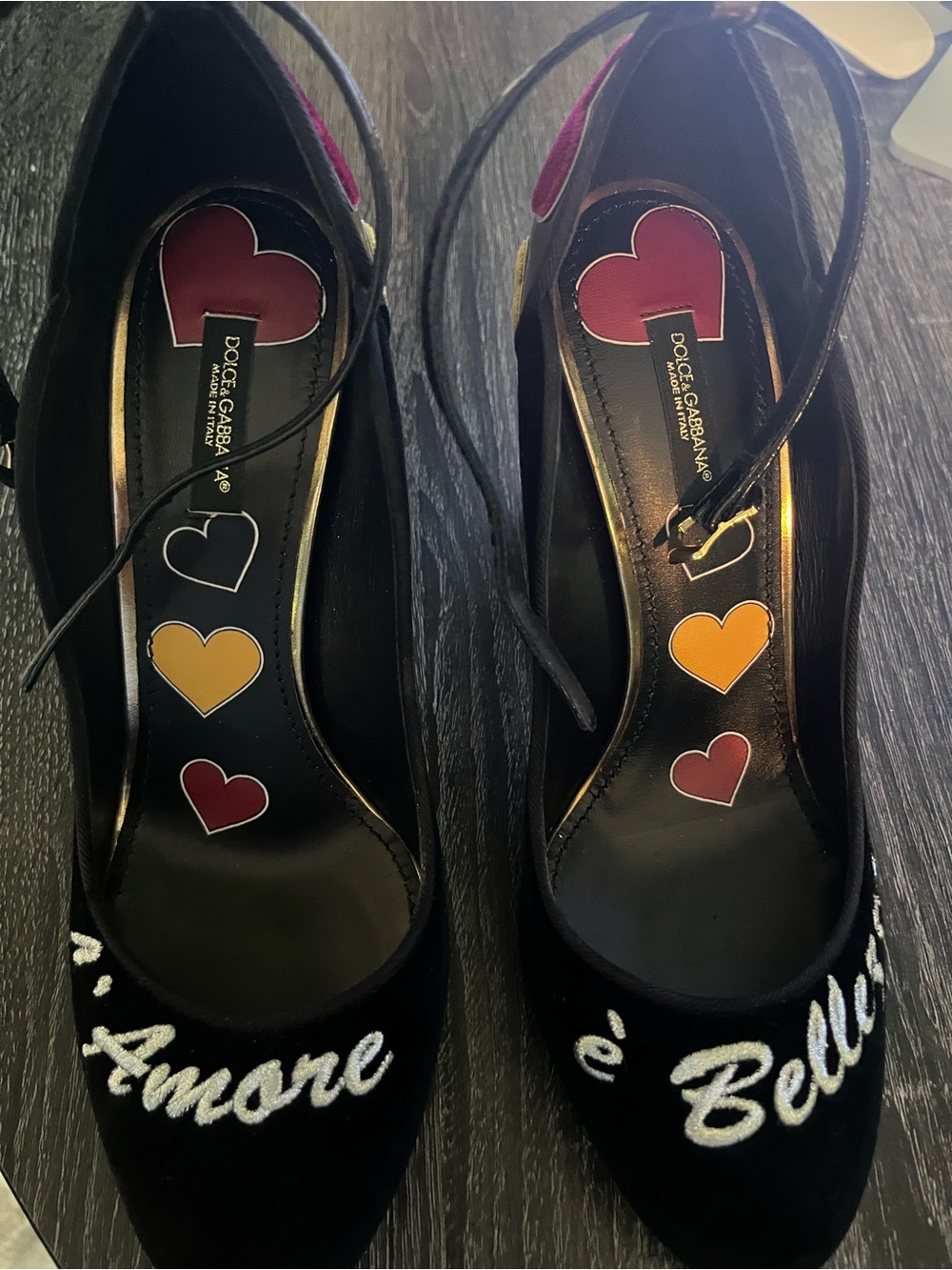 Dolce & Gabbana Black Velvet Heels with Multicolor Heart Inlays